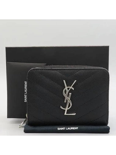 403723 Black leather matelass silver monogram logo decoration compact zip up around half wallet - SAINT LAURENT - BALAAN 1