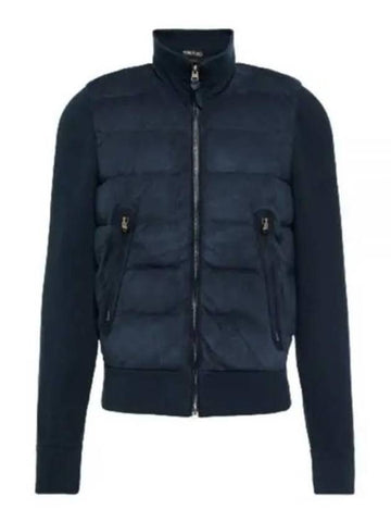 Front Zip Through Down Suede Jacket Ink Blue - TOM FORD - BALAAN 1