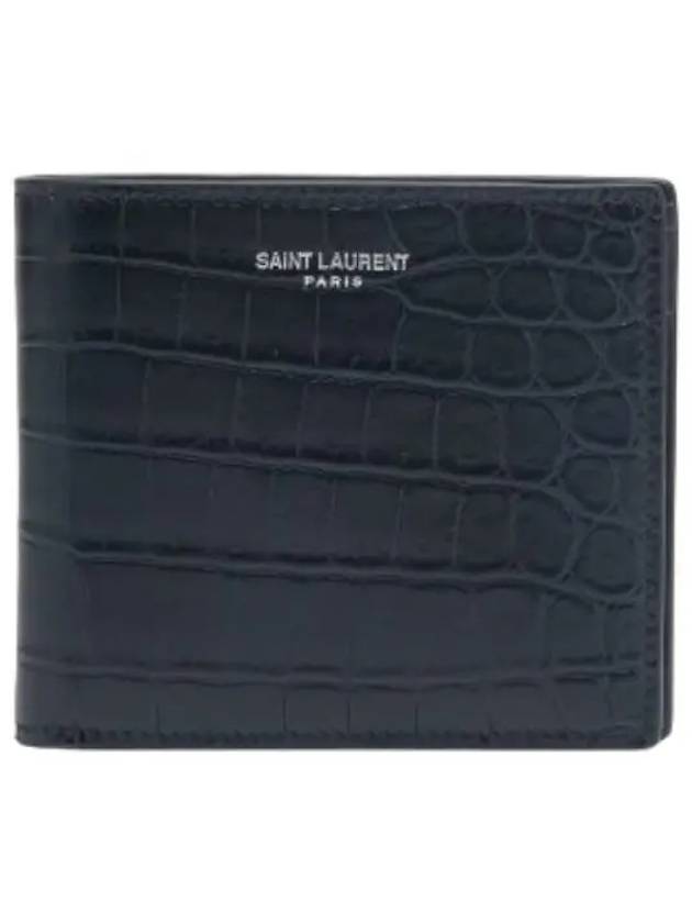 East West Crocodile Embossed Leather Half Wallet Black - SAINT LAURENT - BALAAN 1