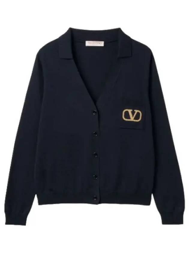 Wool logo collar cardigan navy - VALENTINO - BALAAN 1