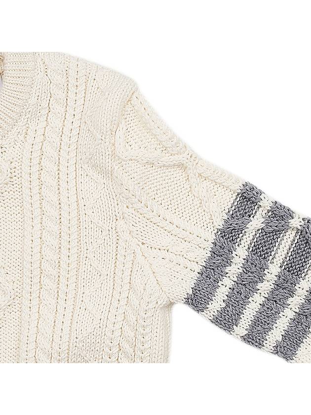 4 Bar Aran Cable Merino Crew Neck Pullover Knit Top White - THOM BROWNE - BALAAN 5