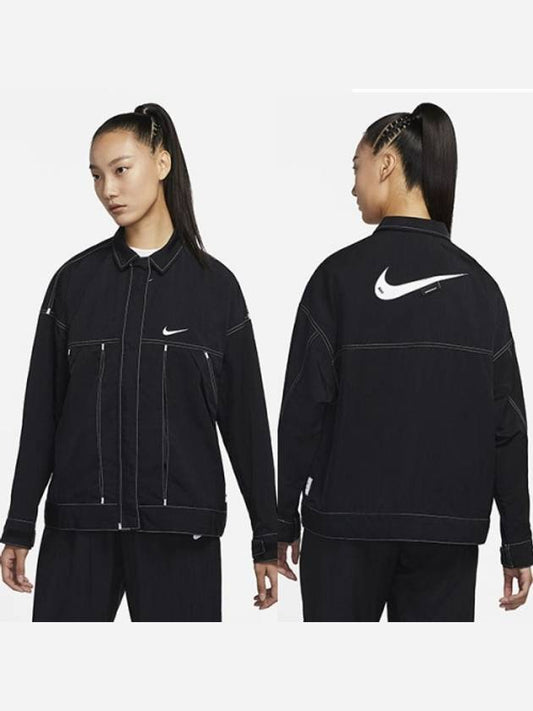 Women's Sportswear Swoosh Woven Jacket Black - NIKE - BALAAN.