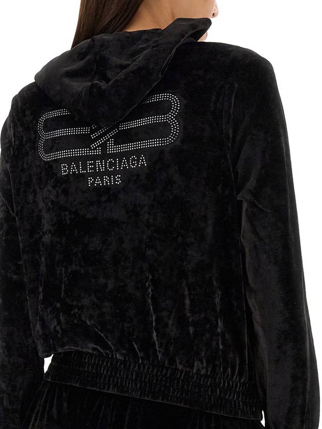 Women's BB Paris Strass Velvet  Zip-Up Hoodie Black - BALENCIAGA - BALAAN 5