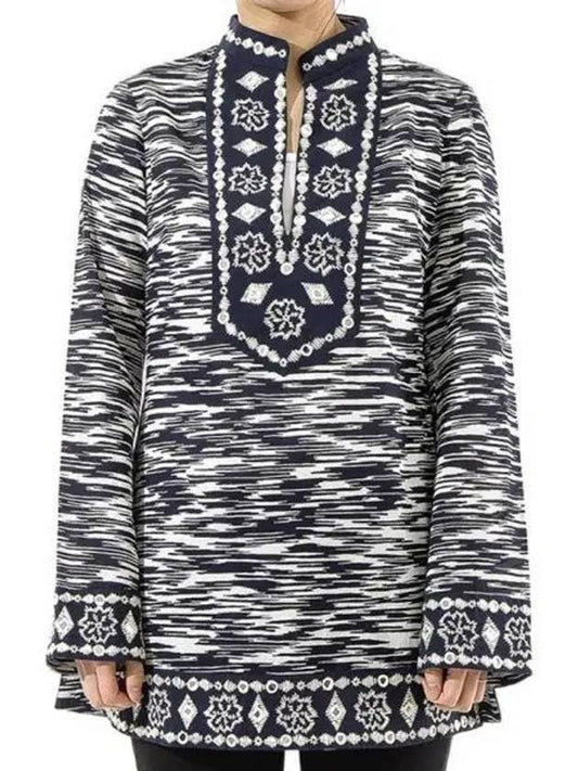 Women's Embroidered Cotton Long Sleeve Blouse Navy - TORY BURCH - BALAAN 2