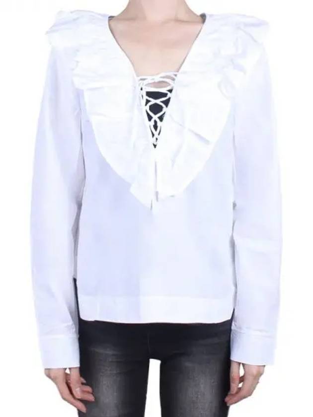 Cotton Poplin Ruffle V-Neck Blouse Bright White - GANNI - BALAAN 2