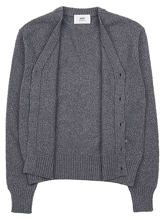 Heart Logo V Neck Cashmere Cardigan Heather Grey - AMI - BALAAN 9