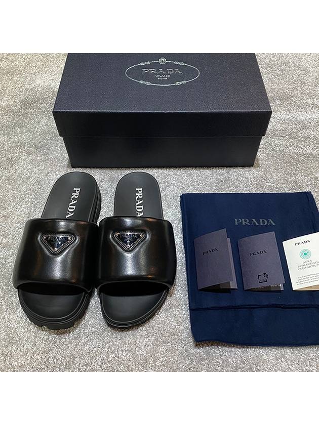 Logo Padded Leather Slippers Black - PRADA - BALAAN 3