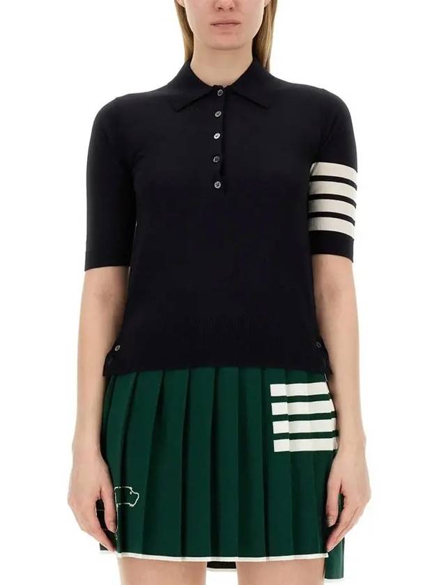 Women's Diagonal Striped Relaxed Fit Wool Polo Shirt Navy - THOM BROWNE - BALAAN 5