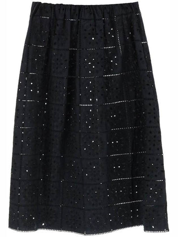 Embroidered Anglaise Midi Cotton A-Line Skirt Black - GANNI - BALAAN 1