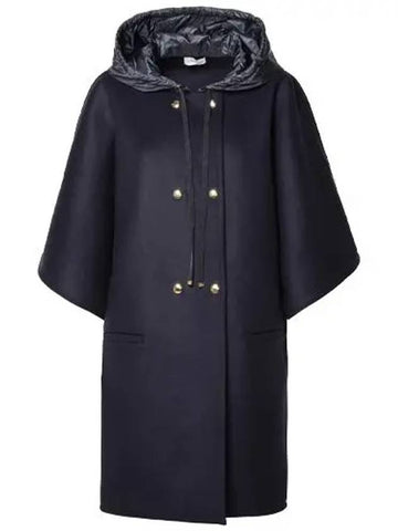 Logo Patch Hooded Double Button Cape Navy Women s Jacket 3G00010 0U319 778 - MONCLER - BALAAN 1