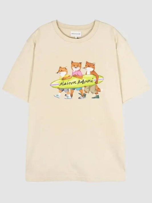 Surfing Foxes Logo Print Short Sleeve T-Shirt Beige - MAISON KITSUNE - BALAAN 2