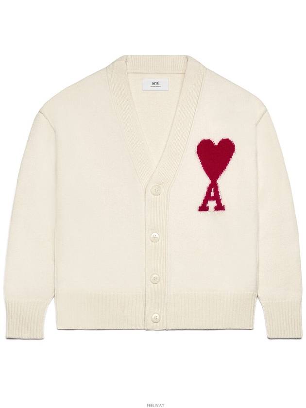 Heart Logo V Neck Wool Cardigan Off White - AMI - BALAAN 7