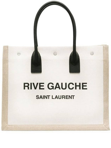 Rive Gauche Logo Linen Leather Small Tote Bag Beige - SAINT LAURENT - BALAAN 1