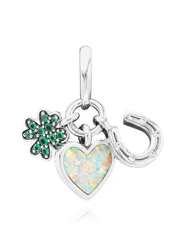 Four Leaf Clover Heart and Horseshoe Triple Dangle Bracelet Charm Silver Green - PANDORA - BALAAN 1