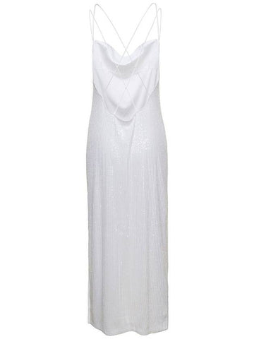 White Maxi Dress With Draped Neckline And All-Over Paillettes In Polyester Woman - ROTATE - BALAAN 1