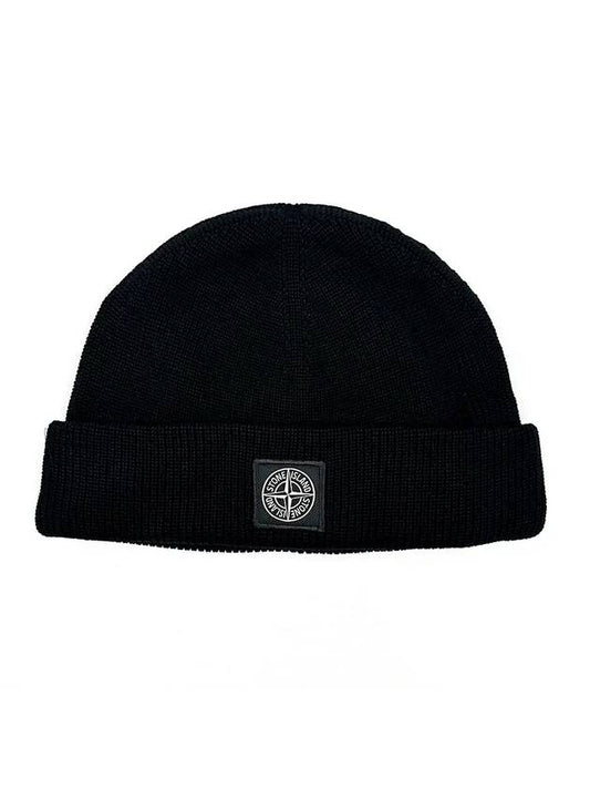 Logo Patch Knit Beanie Black - STONE ISLAND - BALAAN 1