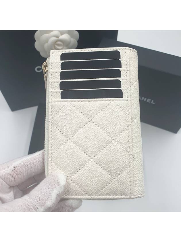 CC Logo Gold Hardware Caviar Zipper Card Wallet White - CHANEL - BALAAN 4