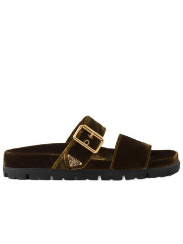 Velvet Slide Slippers Oak - PRADA - BALAAN 1