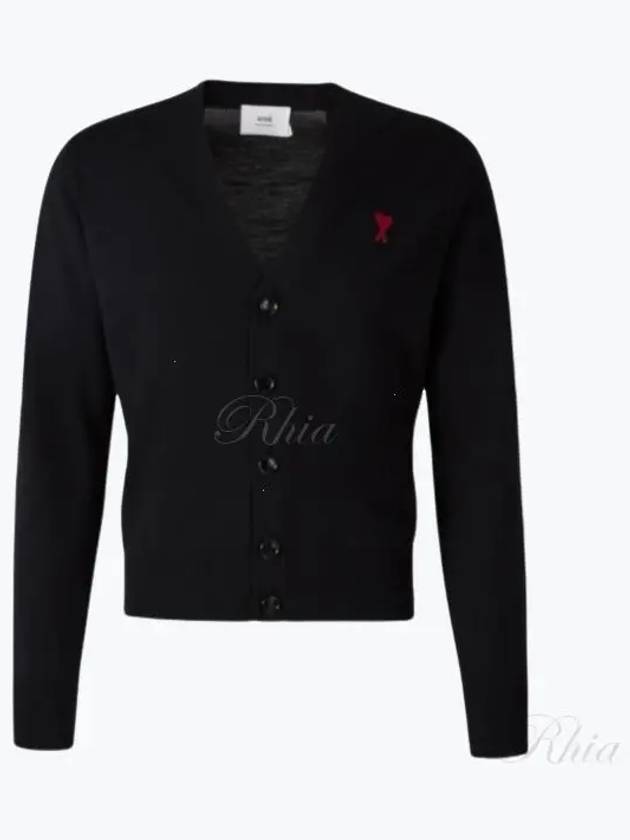 Red Heart Logo Merino Wool Cardigan Black - AMI - BALAAN 2