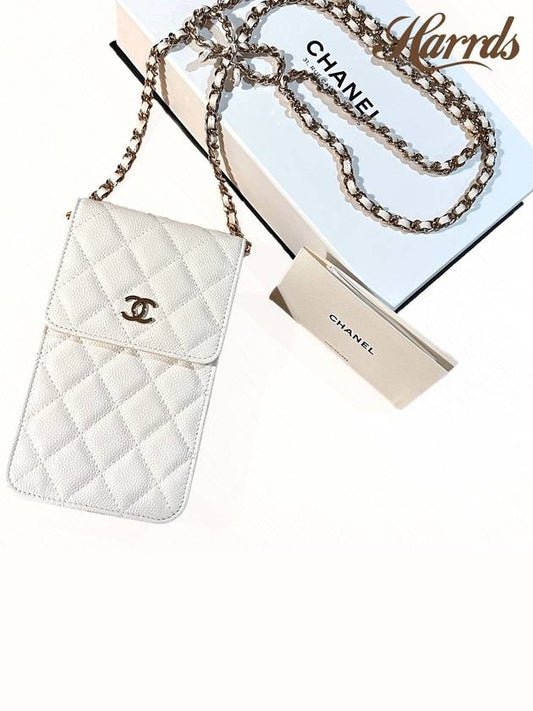 Classic Ribbon Chain Phone Holder Cross Bag WOC Caviar White Silver AP3307 - CHANEL - BALAAN 1