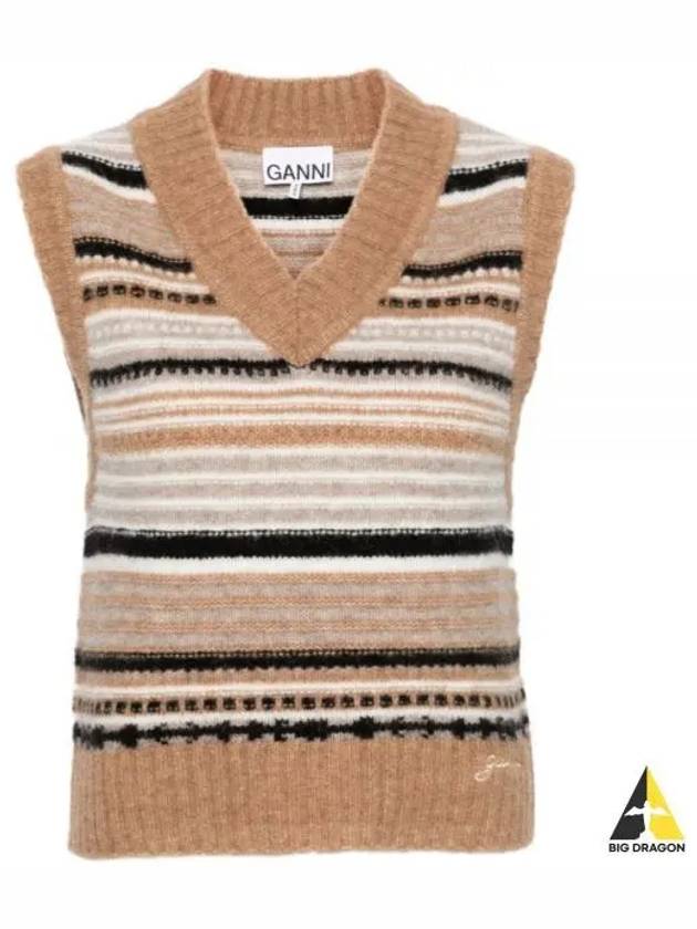 Striped Soft Wool Knit Vest Brown - GANNI - BALAAN 2