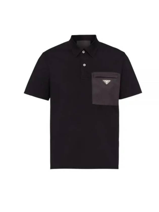 Nylon Detail Stretch Cotton Polo Shirt Black - PRADA - BALAAN 1