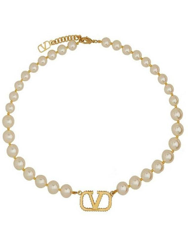 V Logo Signature Pearl Necklace Gold - VALENTINO - BALAAN 1