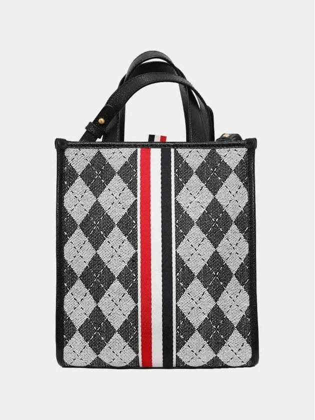 Webbing Stripe Argyle Wool Cotton Jacquard Small Tote Bag Black White - THOM BROWNE - BALAAN 3