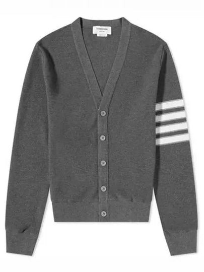 4 Bar Open Raschel Stitch V Neck Cardigan Grey - THOM BROWNE - BALAAN 2