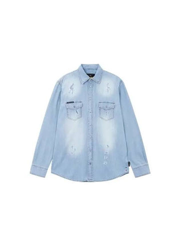 Men's Two Pocket Damaged Denim Shirt Blue 270245 - PHILIPP PLEIN - BALAAN 1