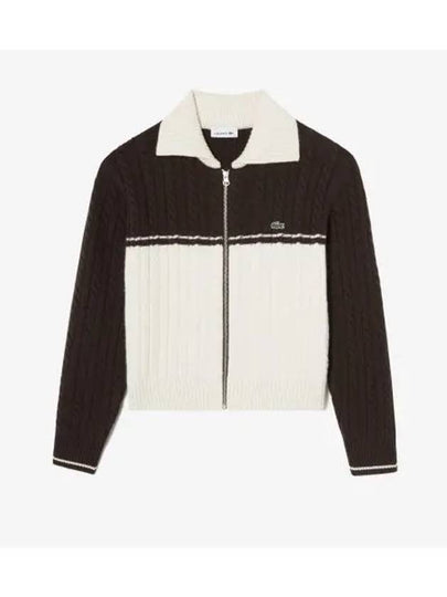 Women's Cable Color Block Collar Zip-Up Cardigan Brown - LACOSTE - BALAAN 2