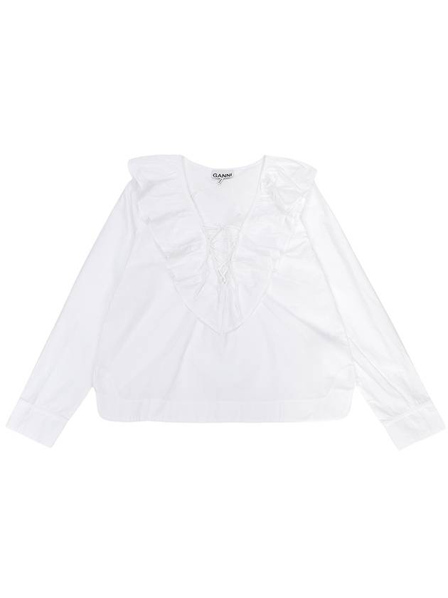 Cotton Poplin Ruffle V-Neck Blouse Bright White - GANNI - BALAAN 2