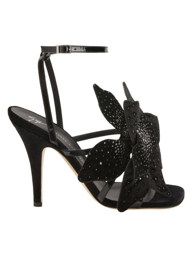 Florant Flower Motif Leather Sandal Heels Black - GIUSEPPE ZANOTTI - BALAAN 1