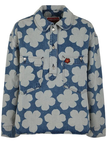 Poppy Print Denim Cotton Polo Shirt Blue - KENZO - BALAAN 1