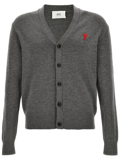 Small Heart Logo Wool Merino Cardigan Heather Grey - AMI - BALAAN 2