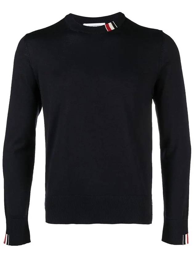 Intarsia Stitch Crew Neck Merino Wool Knit Top Navy - THOM BROWNE - BALAAN 5