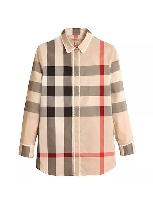 Women's Lace Check Cotton Long Sleeve Shirt Beige - BURBERRY - BALAAN.