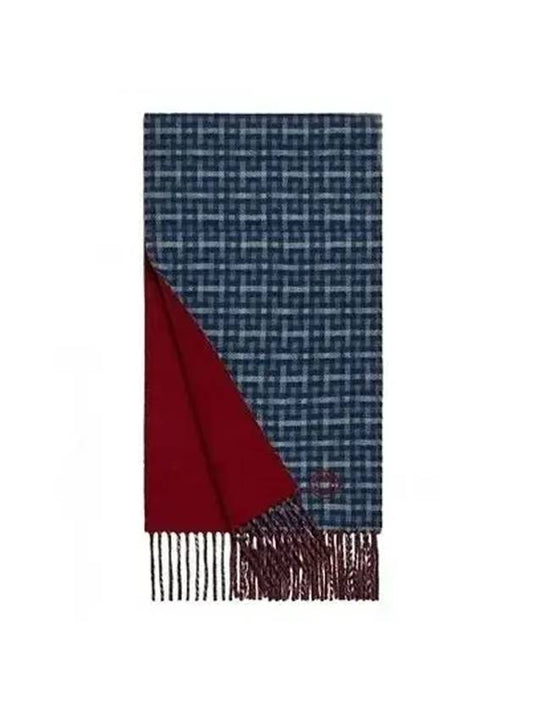 H Ecossais Recto Verso Muffler Marine Denim Rouge - HERMES - BALAAN 1