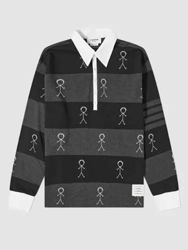 4 Bar Rugby Stripe Oversized Long Sleeve Polo Shirt Black - THOM BROWNE - BALAAN 3