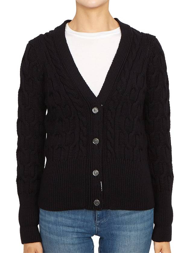 Merino Wool Crisscross Cable Stitch 3/4 Sleeve V-Neck Cardigan Navy - THOM BROWNE - BALAAN 3