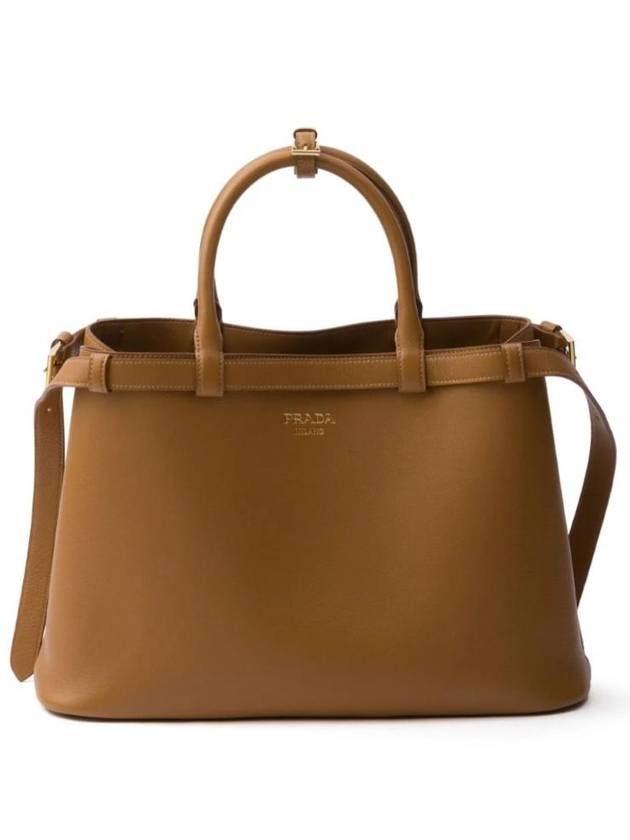 Double Belt Buckle Medium Leather Hand Tote Bag Camel - PRADA - BALAAN 1