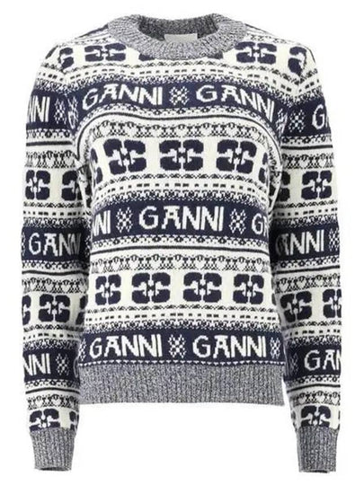 Logo Wool Mix O Neck Knit Top Sky Captain - GANNI - BALAAN 2