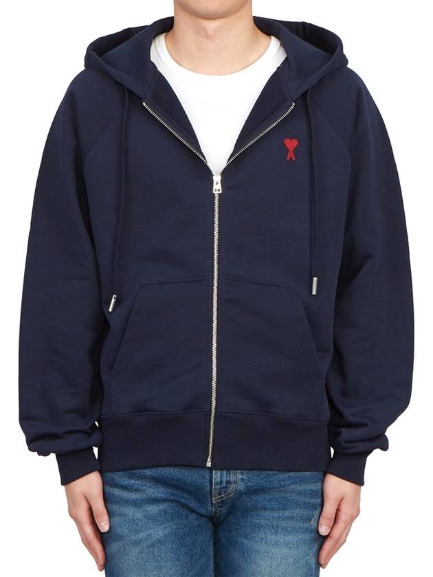 Small Heart Logo Cotton Zip Up Hoodie Night Blue - AMI - BALAAN 3