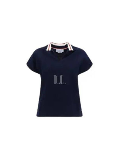 Women's Cricket Stripe Lightweight Cotton Short Sleeve Polo Shirt Navy - THOM BROWNE - BALAAN 2