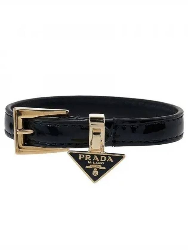 Saffiano Triangular Logo Buckle Leather Bracelet Black - PRADA - BALAAN 2