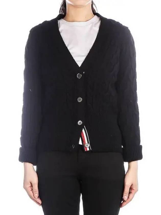 Merino Wool Crisscross Cable Stitch 3/4 Sleeve V-Neck Cardigan Navy - THOM BROWNE - BALAAN 2