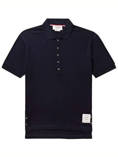 RWB Button Ribbed Polo Wool Knit Top Navy - THOM BROWNE - BALAAN 1