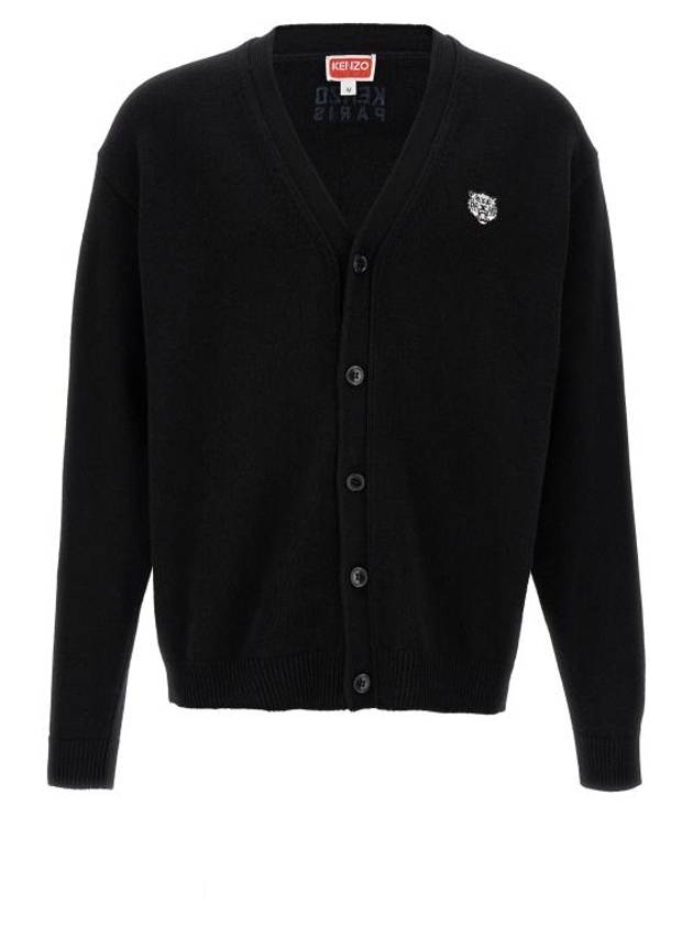 Happy Tiger Embroidered Wool Cardigan Black - KENZO - BALAAN 1