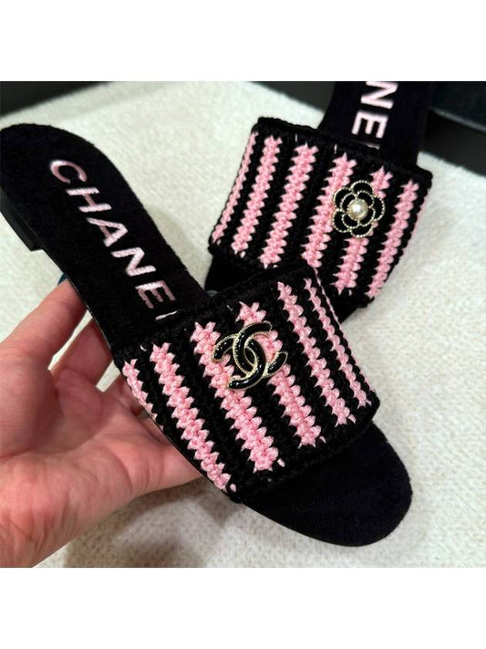 Mule slippers crochet black pink camel CC logo decoration - CHANEL - BALAAN 1