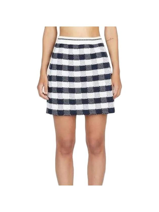 Gingham Inlay Stripe Side Pleat Skirt Navy - THOM BROWNE - BALAAN 1